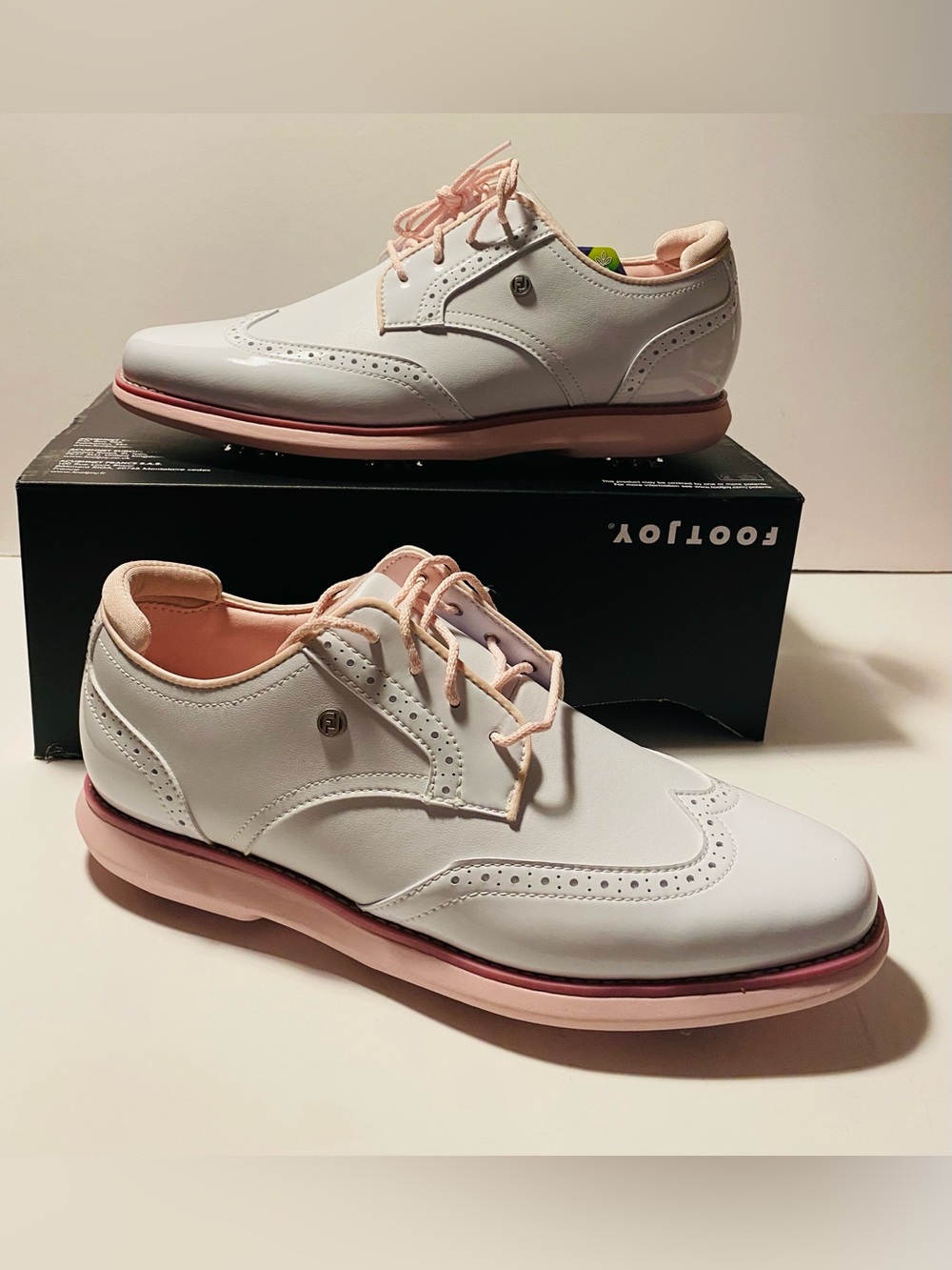FootJoy Traditions  Wing Tip Patent Leather Oxfords Golf Shoes White/Pink 9.5